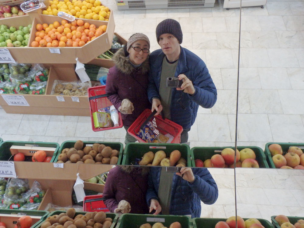 In the mirror at the vegetable section of the local market