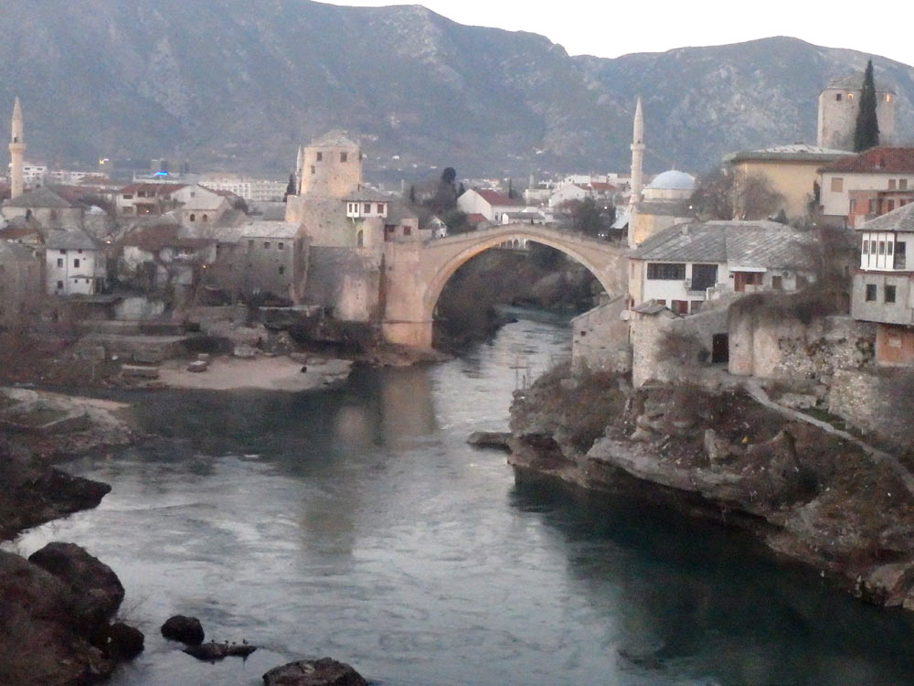 Our first view of the Old Bridge in Mostar, from the next bridge downstream near our apartment.