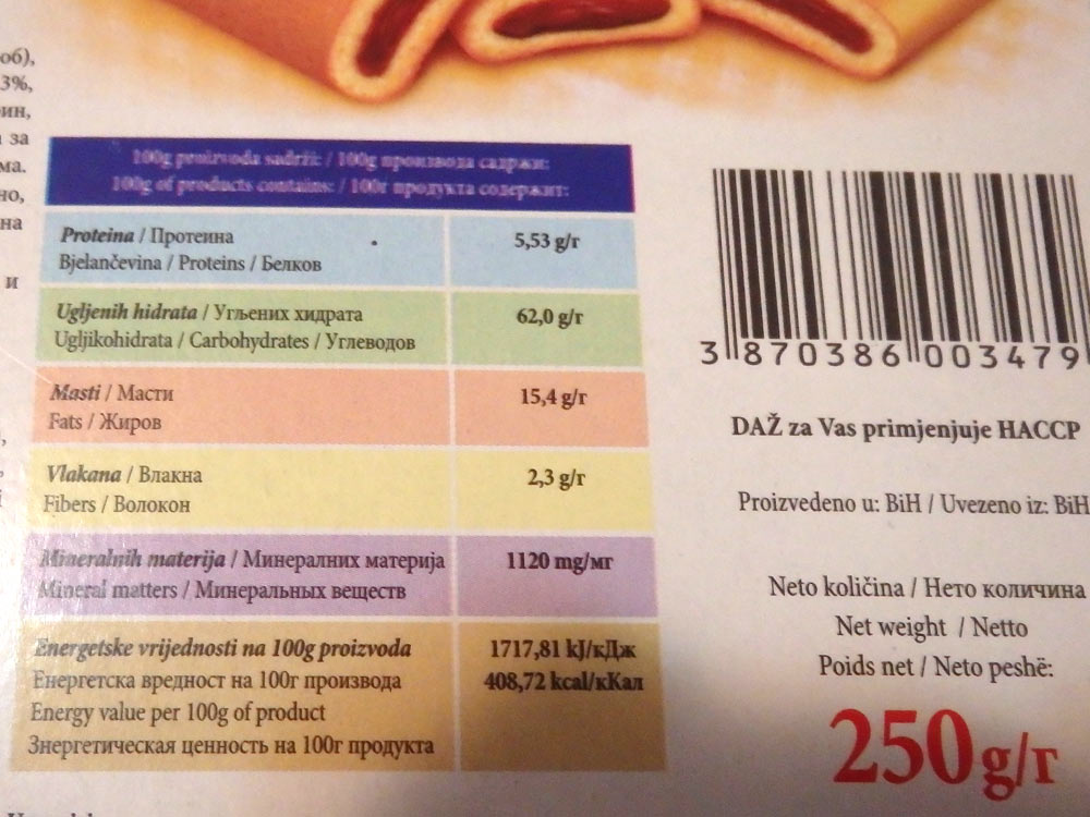 You have to be a mathematician sometimes: 62g of carbs in per 100g. 250g in a package of 18 cookies. 62g * 2.5 = 155g in the package. 155g / 18 cookies = 8.5 g per cookie. And you'll still end up high anyway so who cares!