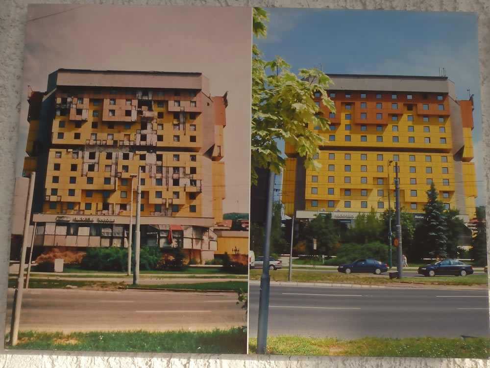 Old and new photos of Sarajevo Holiday Inn, where journalists stayed during the war.