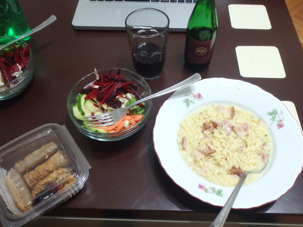 Pasta, salad, baklava, and monastery wine dinner. Looks good doesn't it?