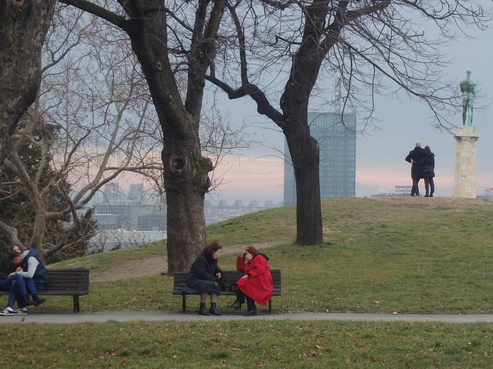 People and statues in the park of Belgrade Fortress