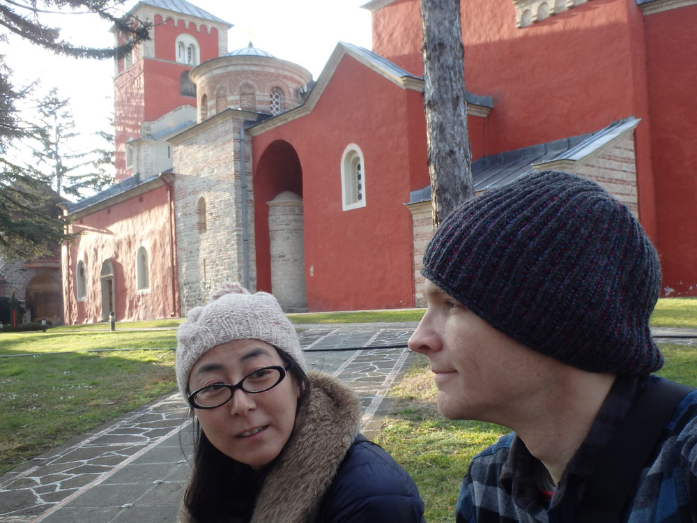 Sitting outside at Žiča Monastery