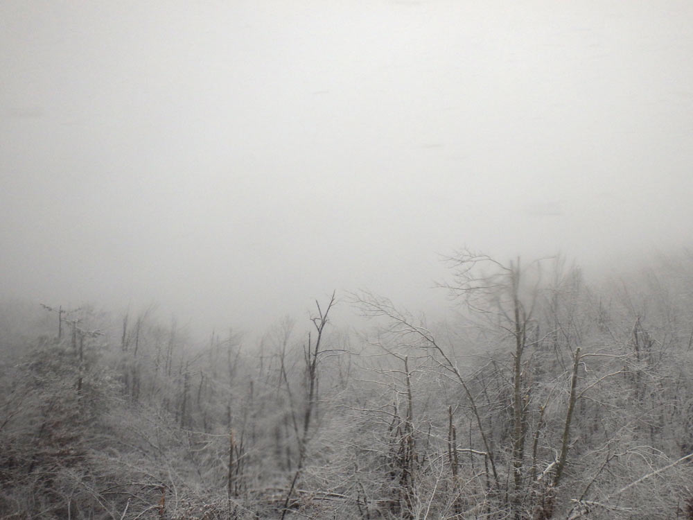 Snowy mist as seen from the side bus window in Serbia. And the snow was falling on the road thick.