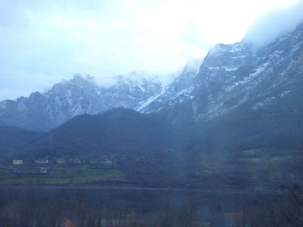 Snowy mountains from the train window