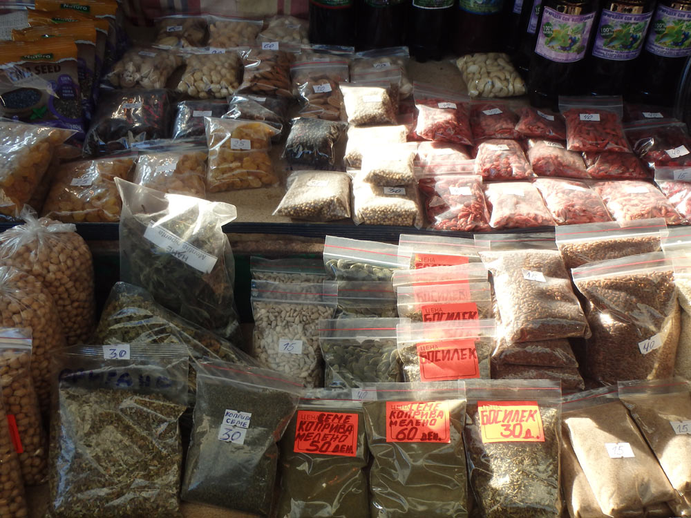 Spices and beans in Old Bazaar marketplace, Skopje