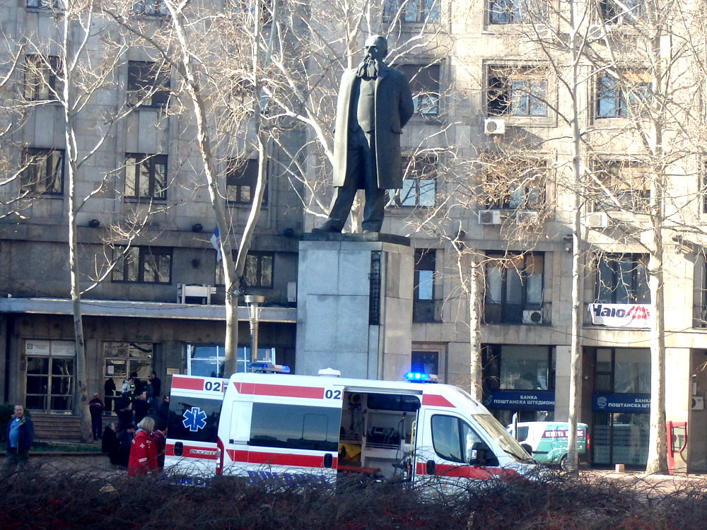 Statue and ambulance in Belgrade during my lunch excursion.