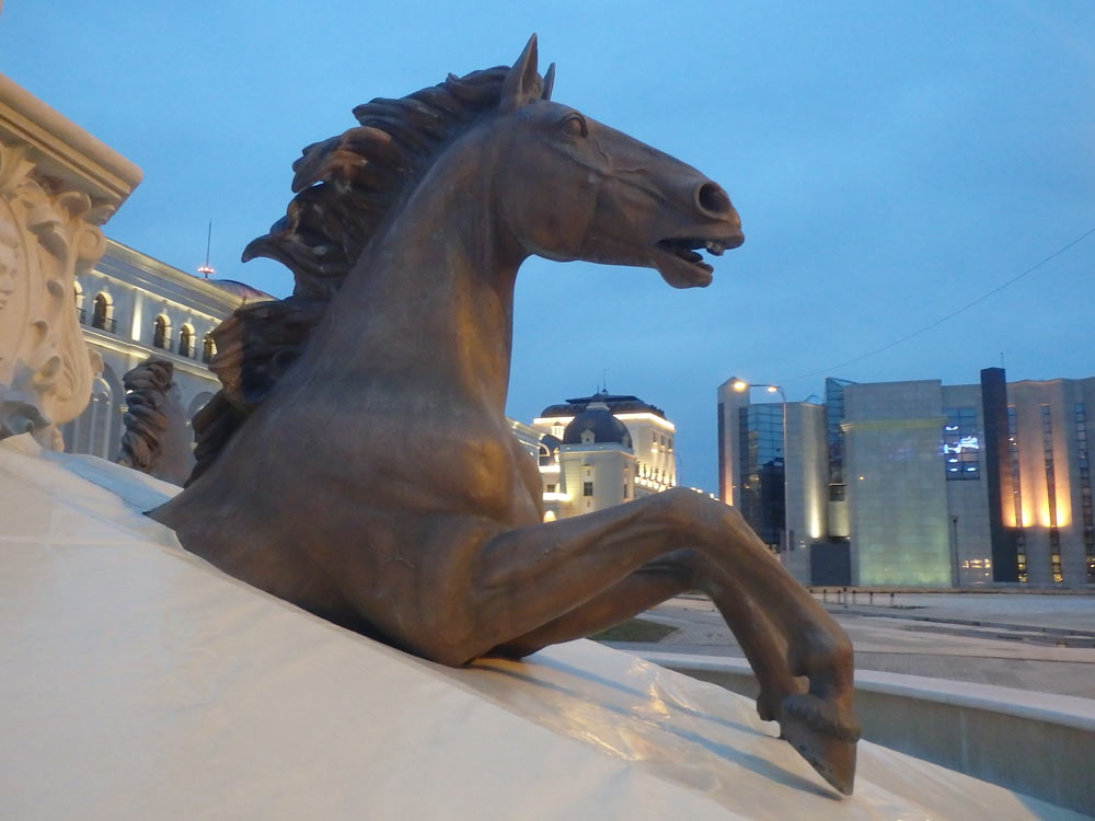 Snarling horse statue, from a water-less fountain in Skopje