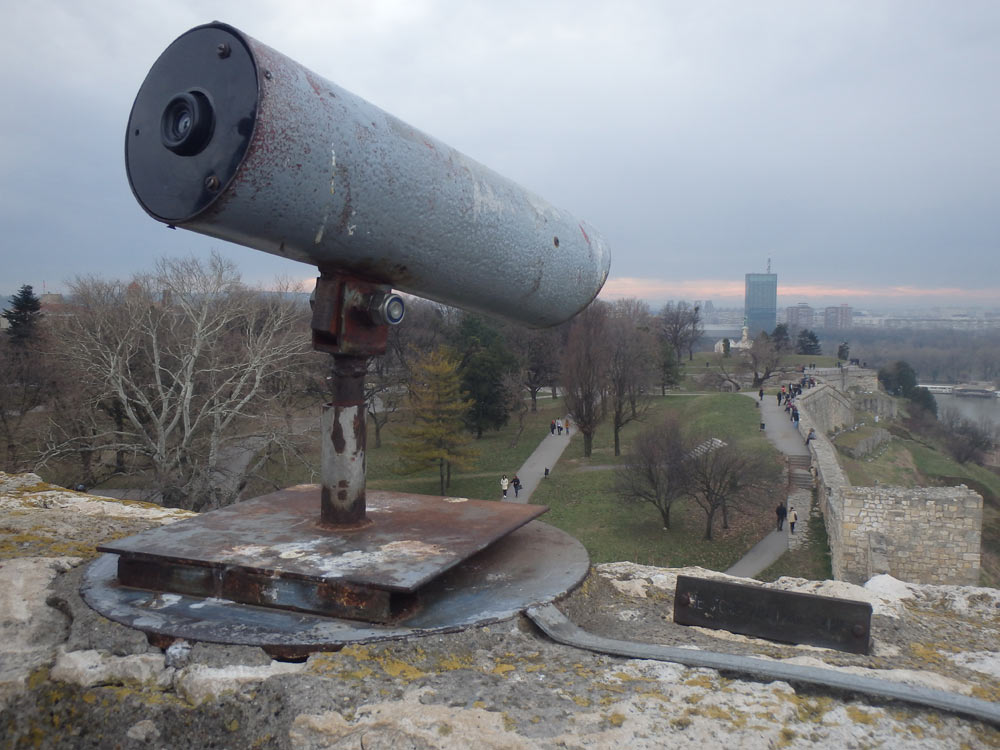 The viewfinder on top of the tower near the edge of Belgrade Fortress. It was free! But access to the tower was about fifty cents.