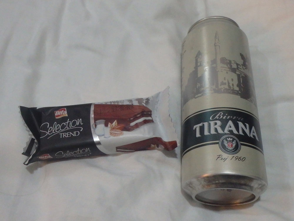 Tirana beer and chocolate — for which I took a shot on top of the dinner shot.