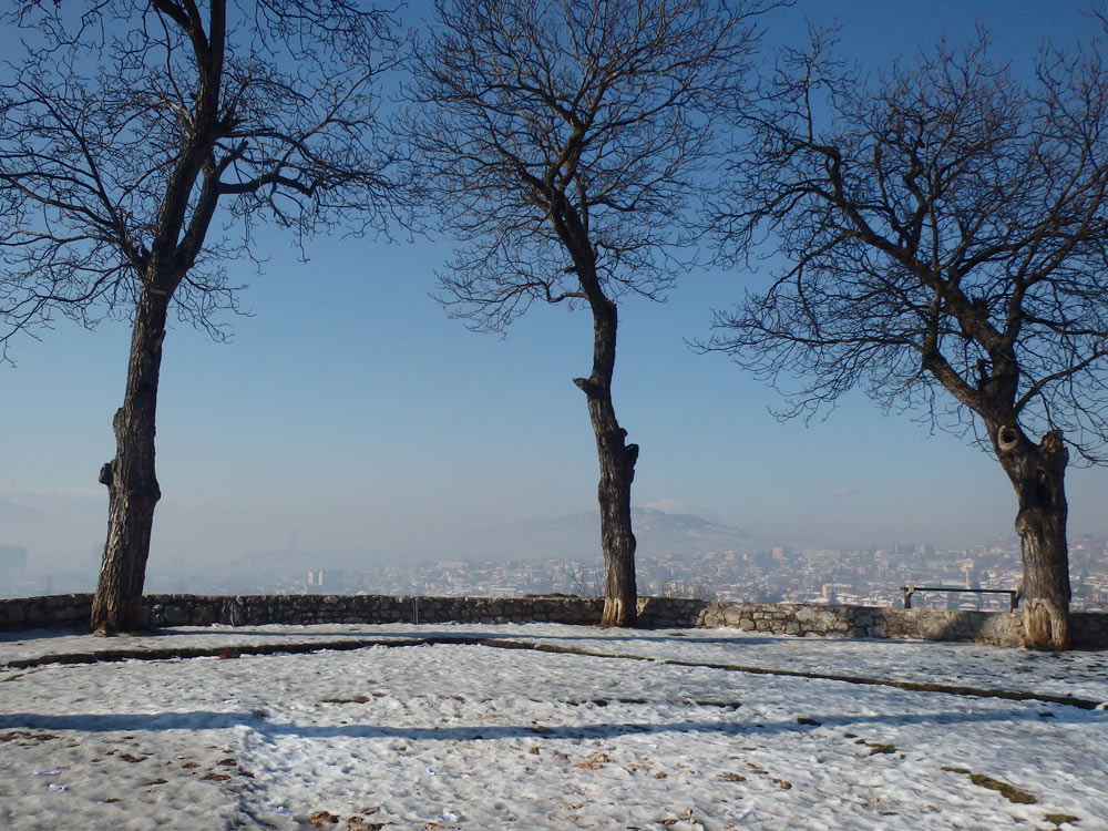 Trees on the snowy Yellow Bastion in Sarajevo
