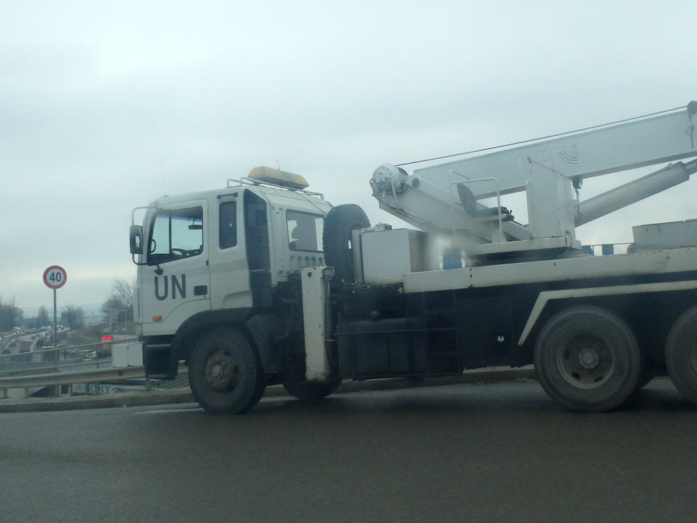 UN truck on the road in Prishtina, Kosovo