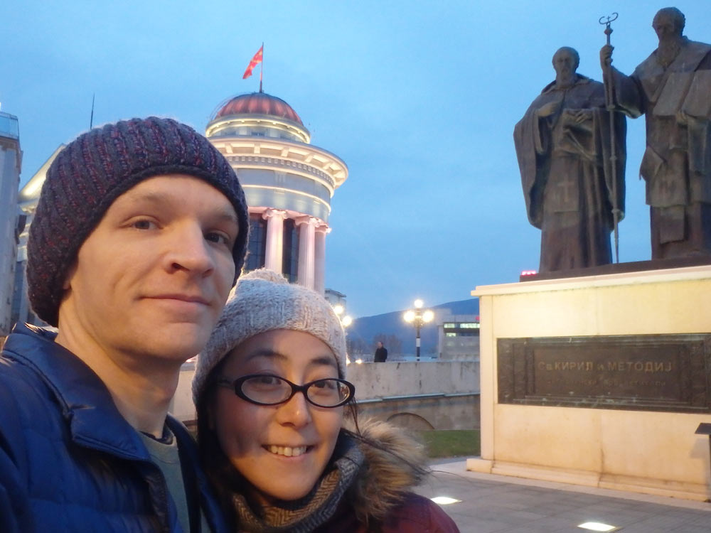 Masayo and I with statues in Skopje