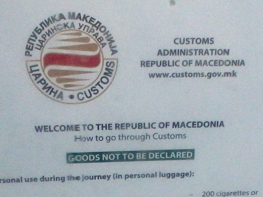 "Welcome to Macedonia" customs sign at Kosovo border