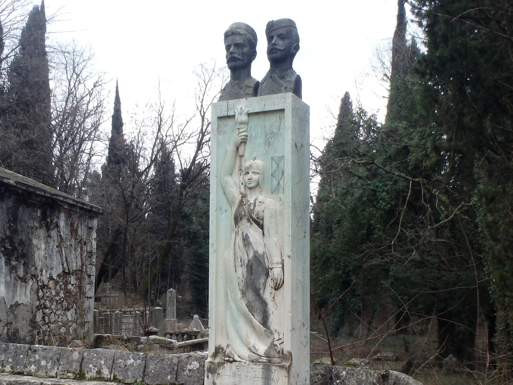 Double-headed statue in the churchyard