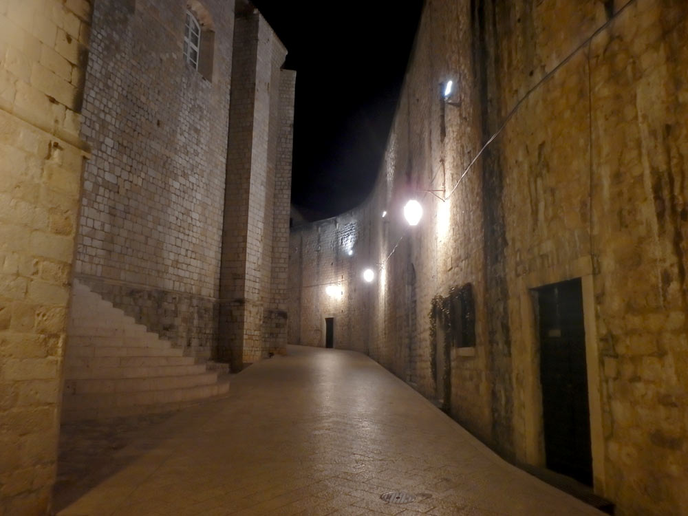 Empty street at night in Dubrovnik Old Town. A benefit of coming in the off-season