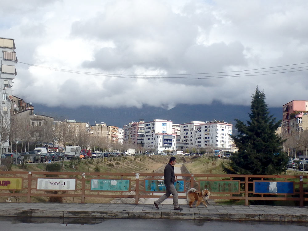 Guy walking dog across a Tirana bridge