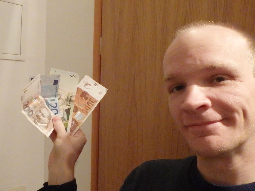 Somehow I have ended up with banknotes in four different currencies: Croatia, Albania, Macedonia, and euro. The exchange office near our room here in Croatia said they didn't take Albanian or Macedonian money, nor did anyone else.