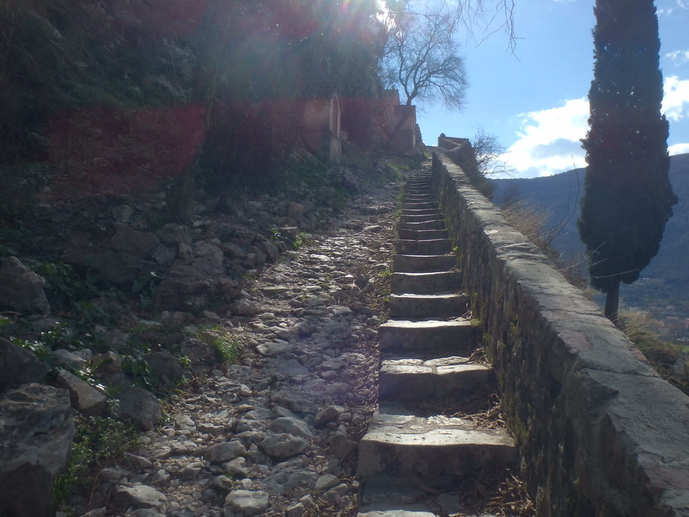 Kotor fortress steps. They go on and on like this, zigzagging up the hill.