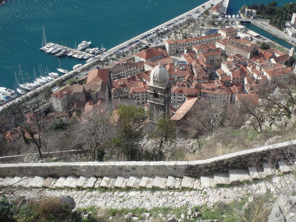 Looking down on the church and the town of Kotor that we had just climbed