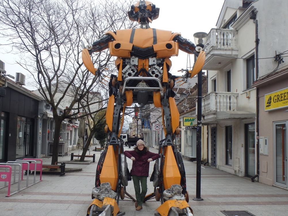 Masayo getting dwarfed by a Transformer in Podgorica