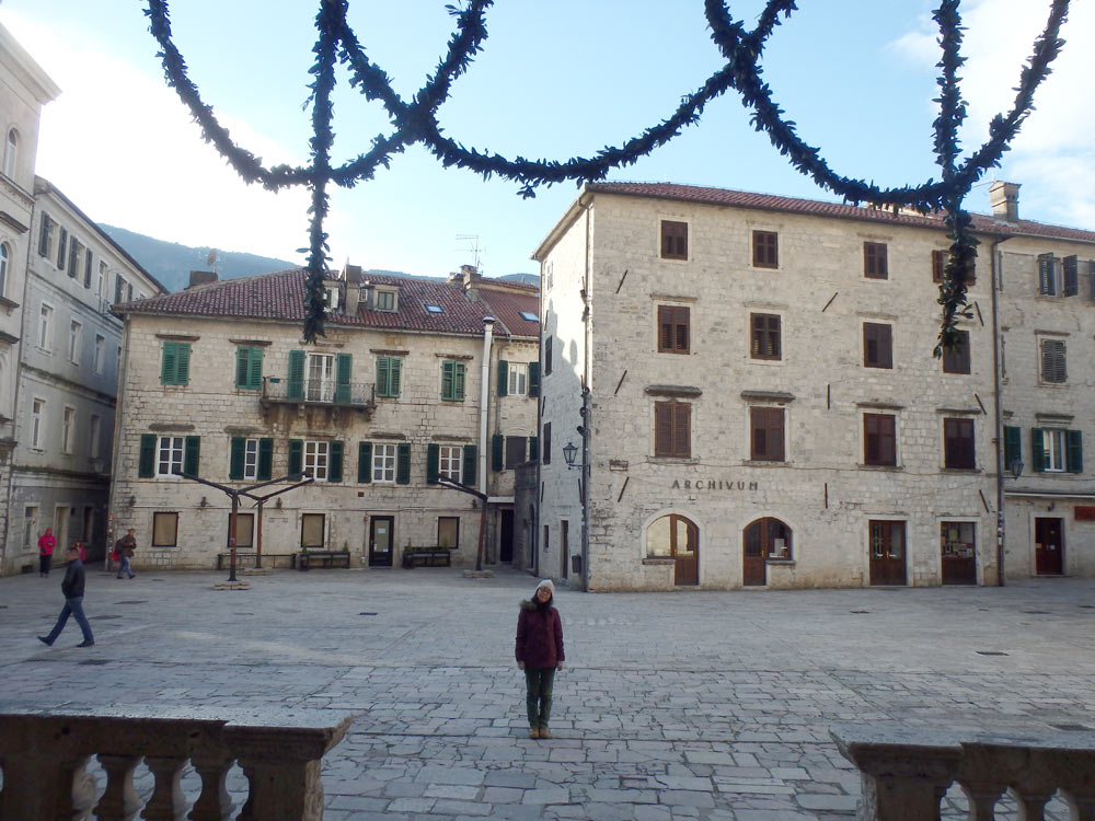 Masayo in a big square in Kotor Old Town