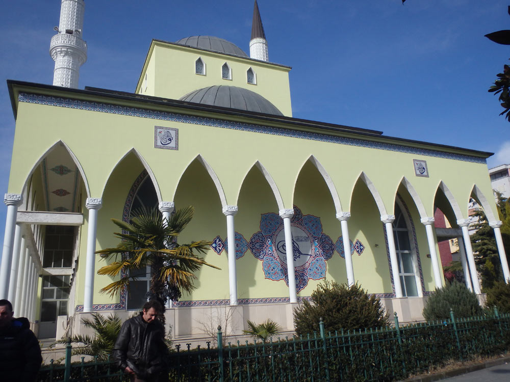 A striking pale green mosque in Shkodër