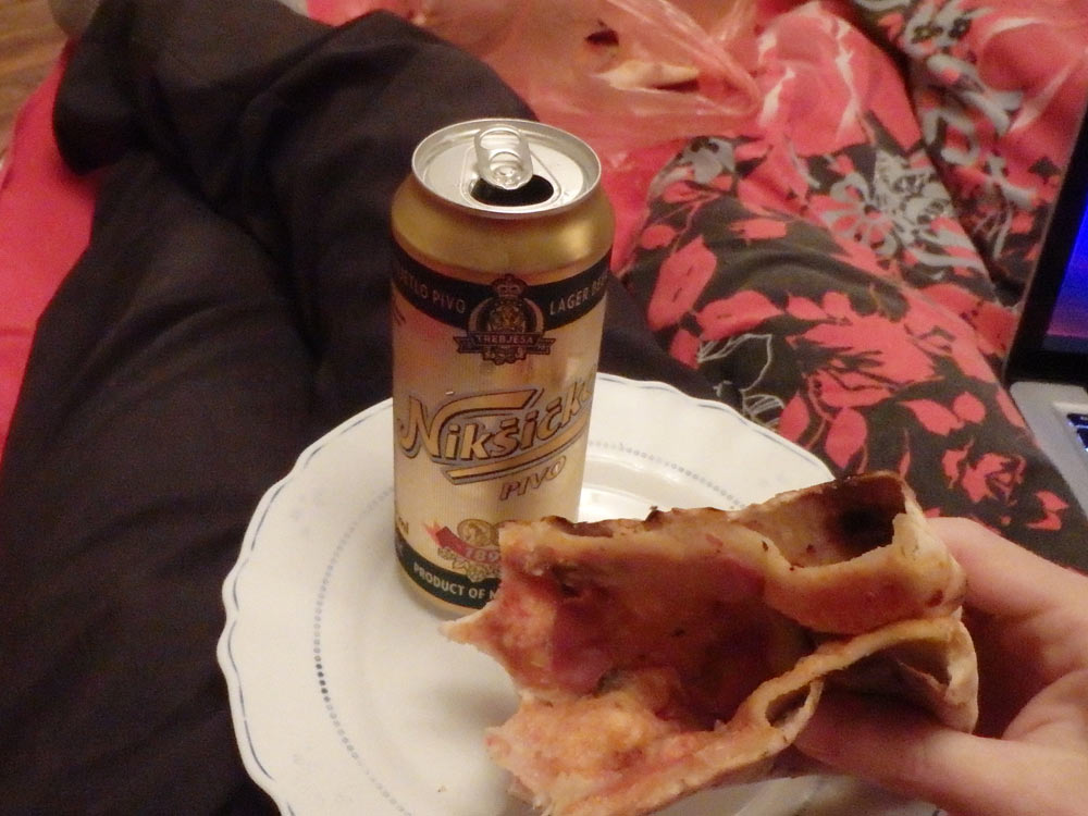 Pizza and beer for dinner. Mmm, cheap and tasty. Sorta.
