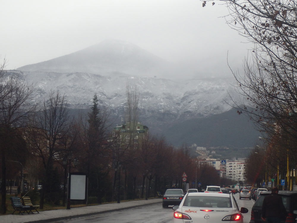 Snow on the mountains outside Tirana, a surprise view in the morning. It wasn't like that yesterday, and wasn't that cold in town.