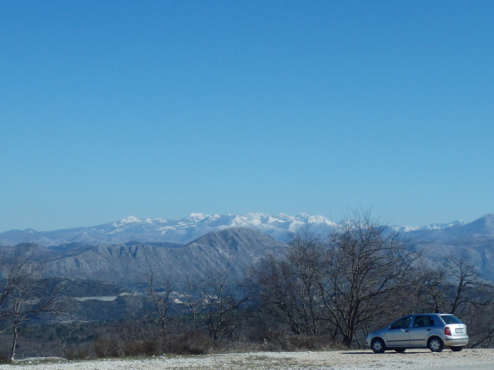Snowy Montenegro mountains; to the left is Bosnia and Herzegovina.