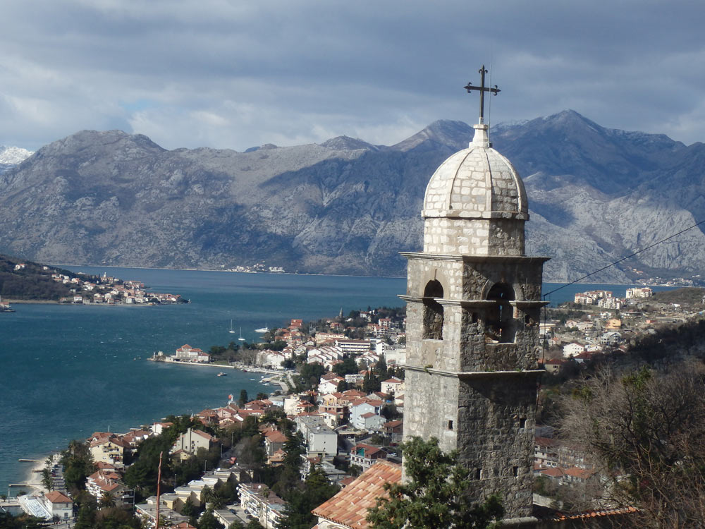 Top of the church and the Bay of Kotor — one of the most famous photo spots here