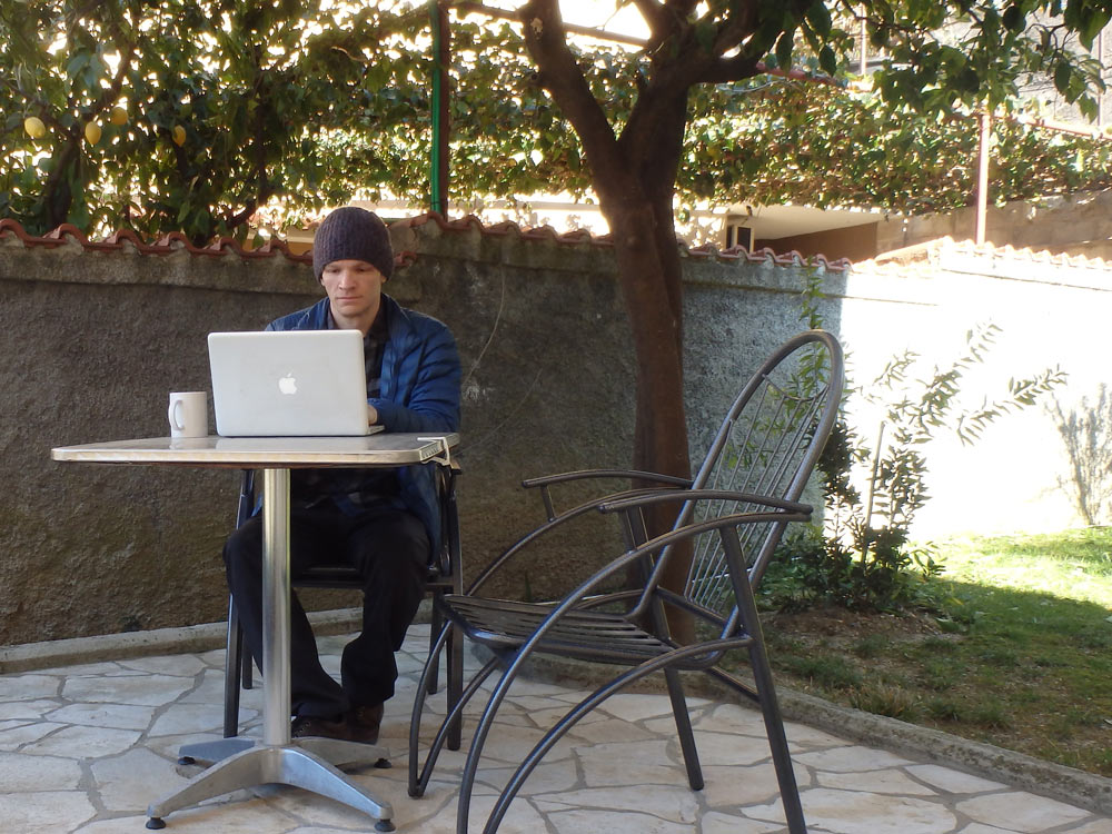 Me working on the porch. Cold but scenic