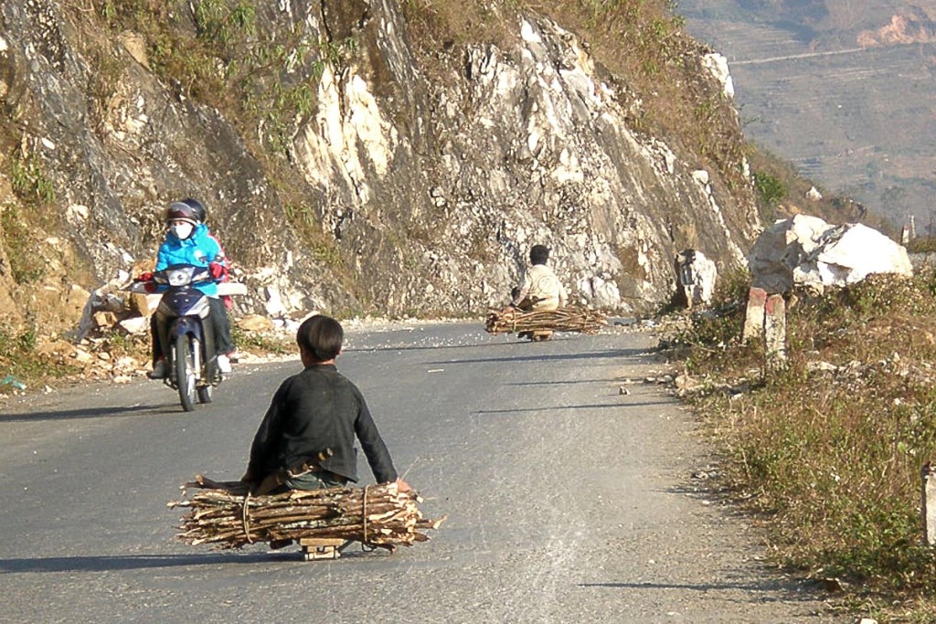 Transporting bundles of sticks by skateboard.