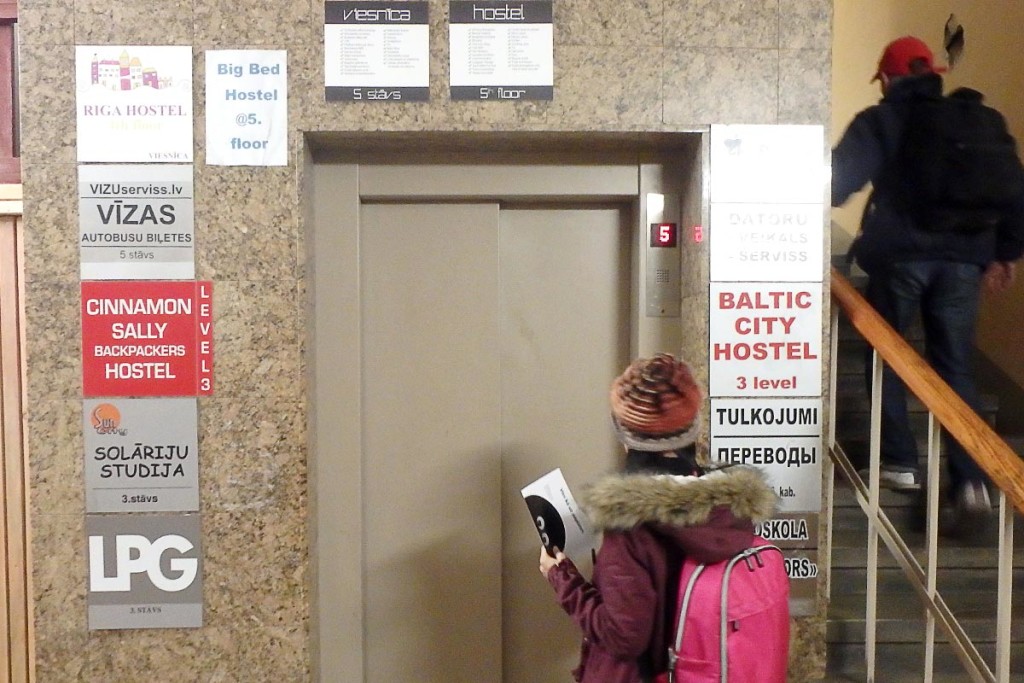 Elevator full of hostels in Rīga.