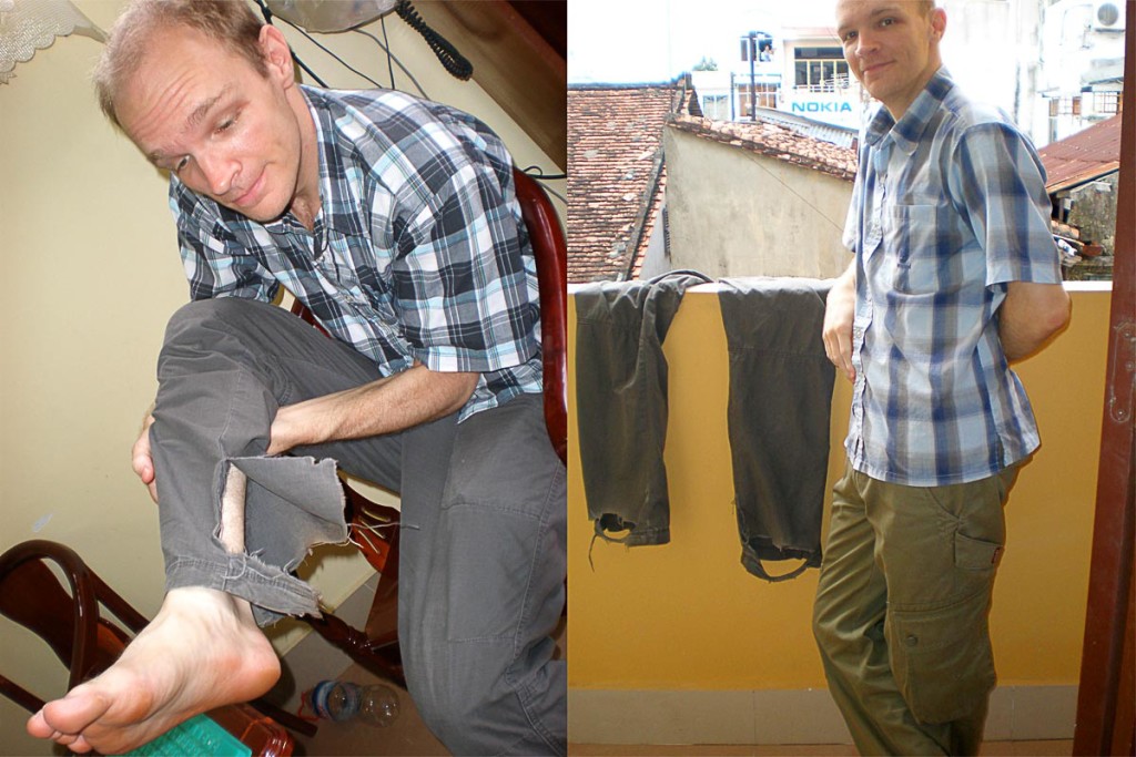 What happens when you take low-quality pants on a long trip: you have to replace them. Me in Vietnam, before I found Bluff Works.
