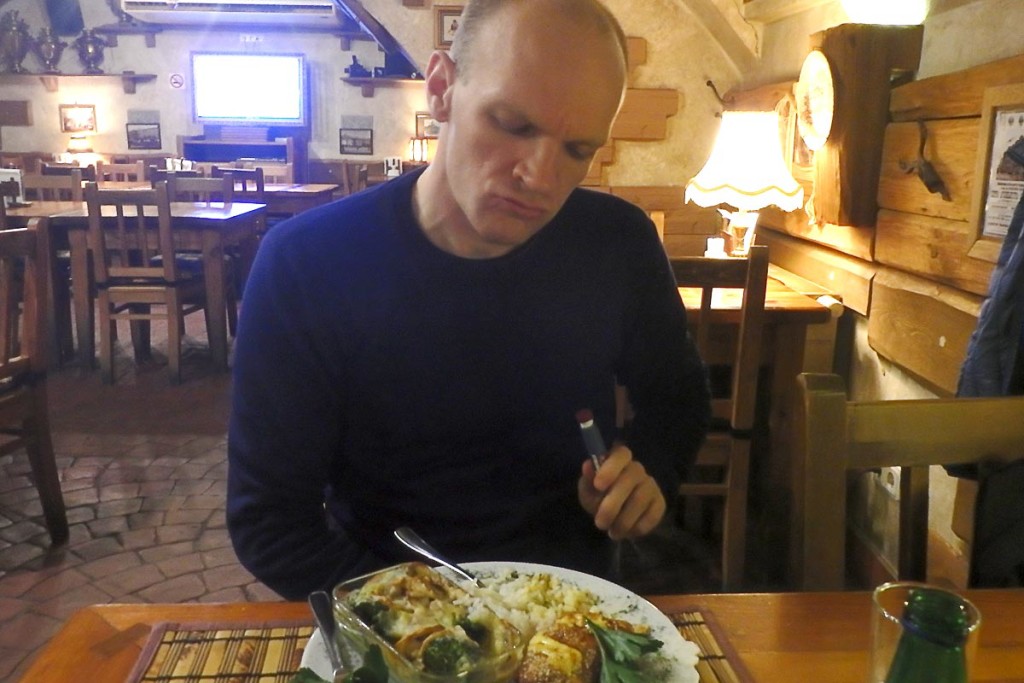 Heavy rice and bread meal at Gubernators in Daugavpils, Latvia. BG was fine after all this!