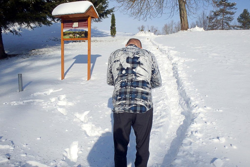 After a snow angel in Croatia. Snow is sticking to my shirt, but not the Bluff Works pants.