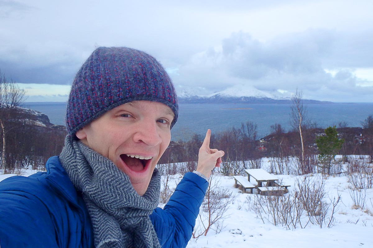 Snowy islands in a northern Norwegian fjord in February.