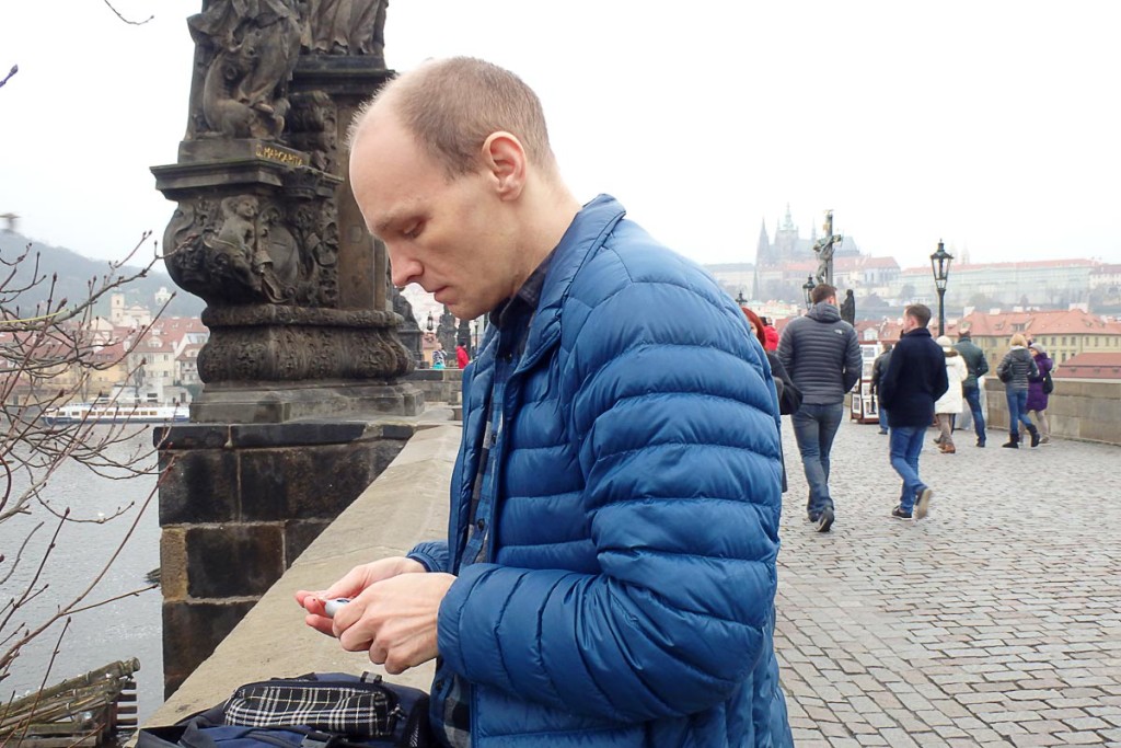 Blood sugar check on Prague's famous Charles Bridge.