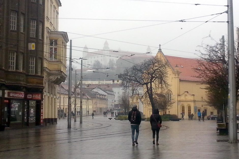 Old Town, with Bratislava Castle in the distant mist.