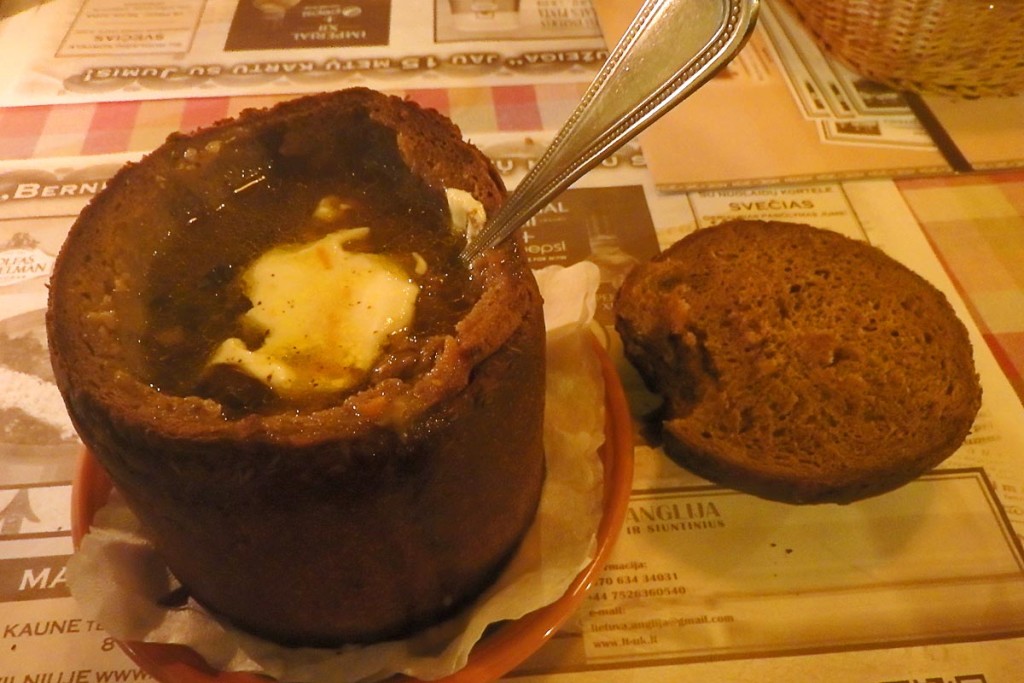 Lithuanian soup in a bread bowl.