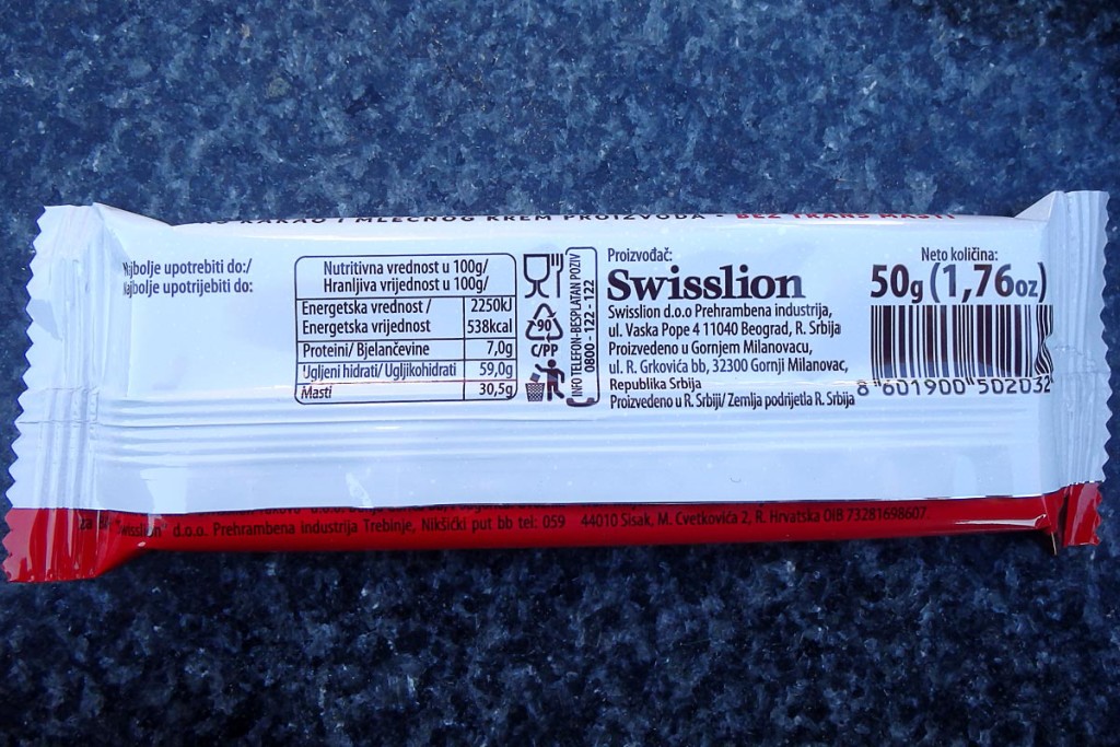 Candy bar with carbohydrate info in two languages – ul and asd