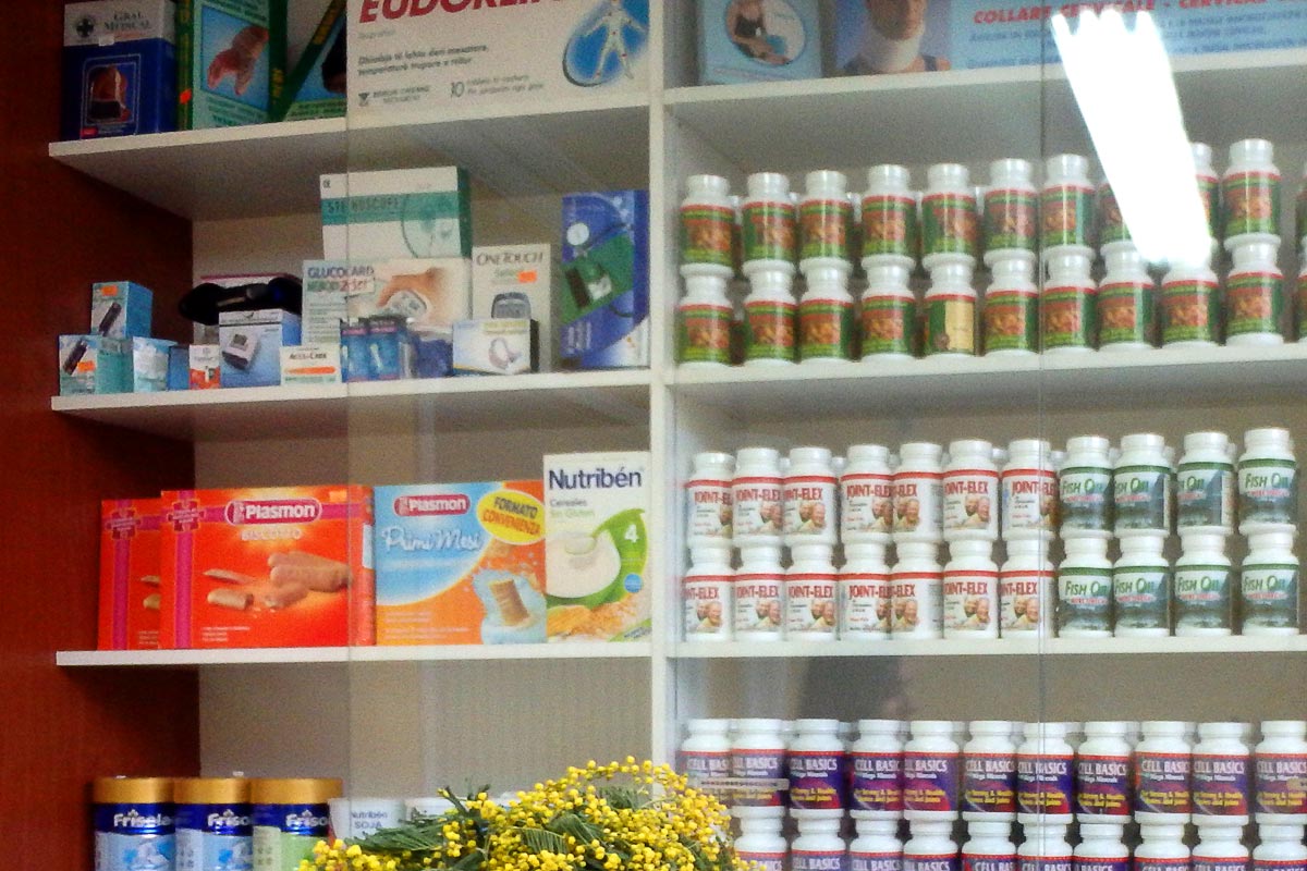 Blood sugar stuff (upper left) in an Albanian pharmacy.