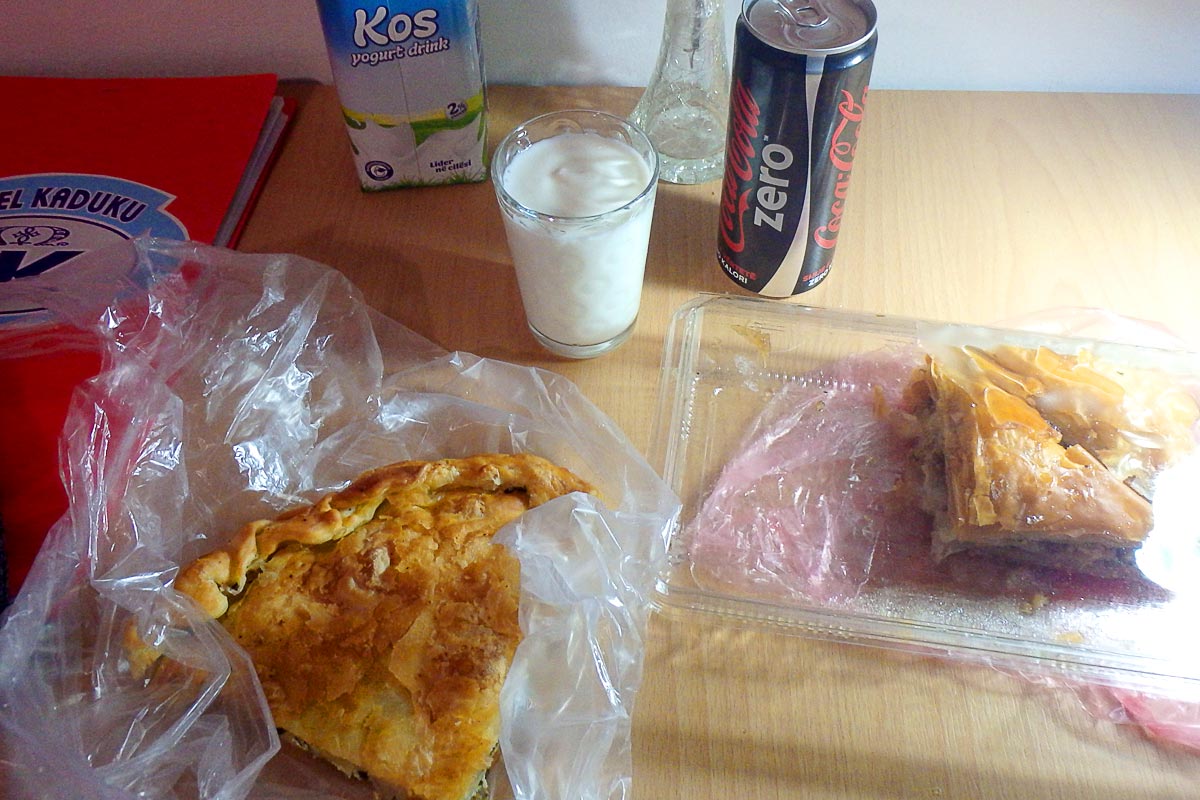 Burek, yogurt, baklava, and soda. A real international meal.