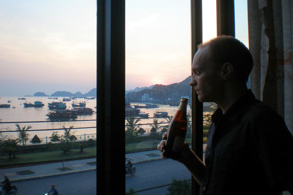 A beer at sundown on Halong Bay.