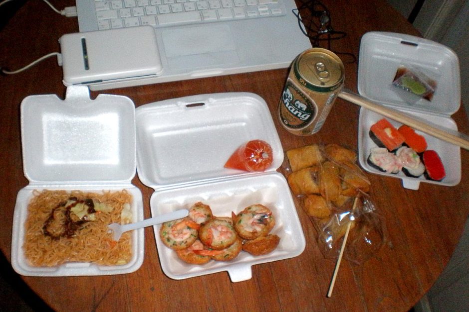 Hodge-podge of street food in Lopburi; fake sushi on the right.