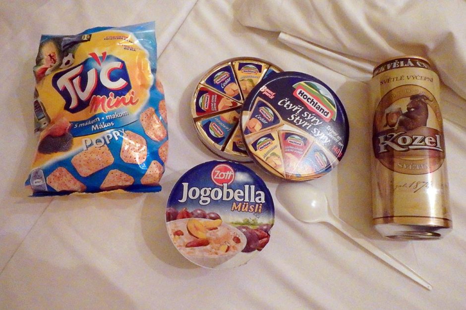 crackers-cheese-yogurt-beer-prague-hotel-room