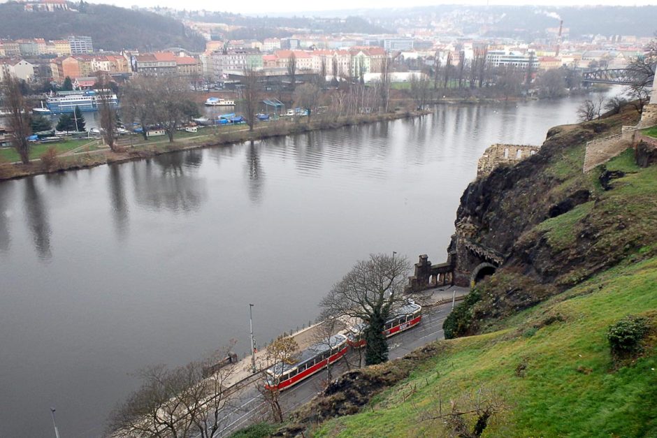 Vltava River and a Prague tram below us.