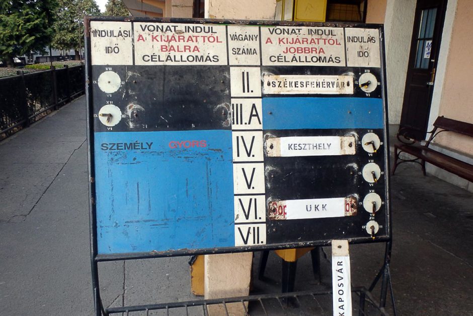 Old-timey train departures board at Tapolca station.