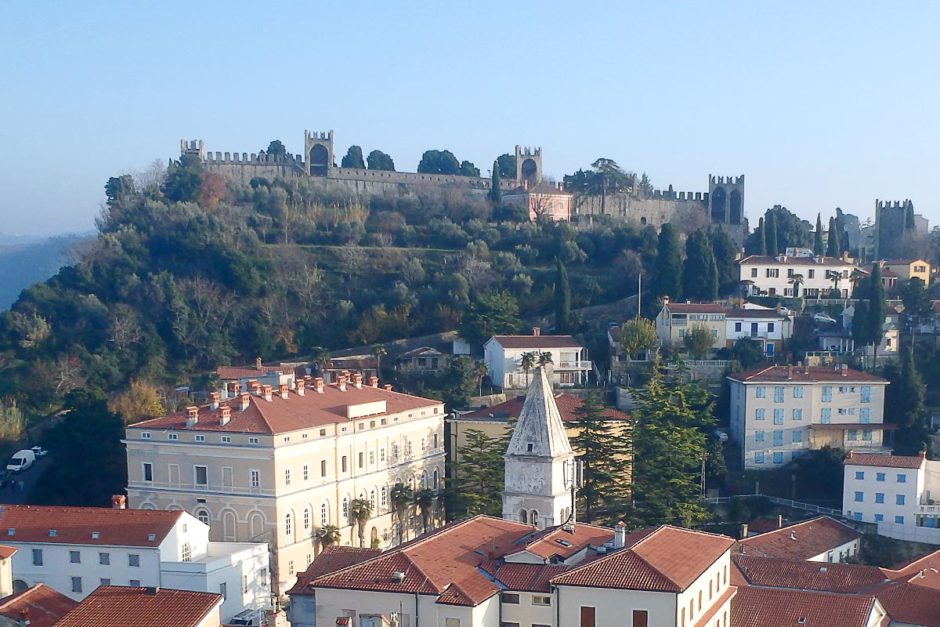 Piran old town walls on the hill outside town.